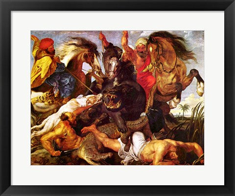 Framed Art Hippopotamus and Crockodile Hunt by Peter Paul Rubens Wall Decor 18x24 Artwork