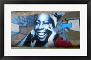 Graffiti of blue smiling women with abstract background somewhere in Gdynia