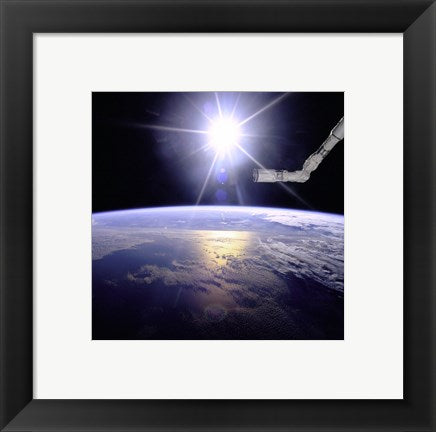 Framed Art Robot Arm Over Earth with Sunburst Wall Decor 18x24 Artwork