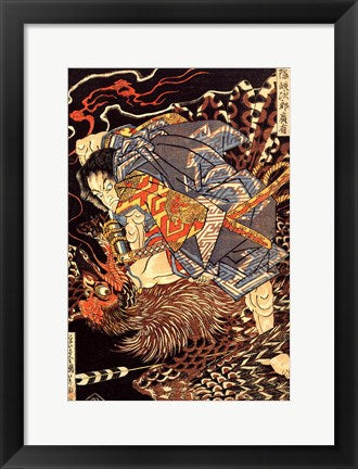 Framed Art Oki no Jiro Hiroari killing a monstrous tengu Wall Decor 18x24 Artwork