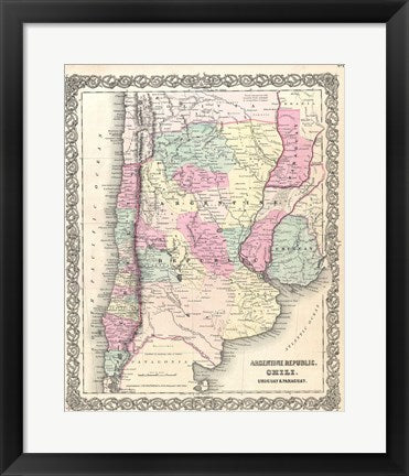 Framed Art Frame Art 1855 Colton Map of Argentina, Chile, Paraguay and Uruguay Wall Decor 18x24 Artwork