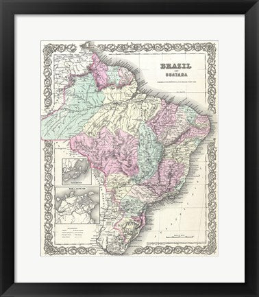 Framed Art 1855 Colton Map of Brazil 1855 Wall Decor 18x24 Artwork