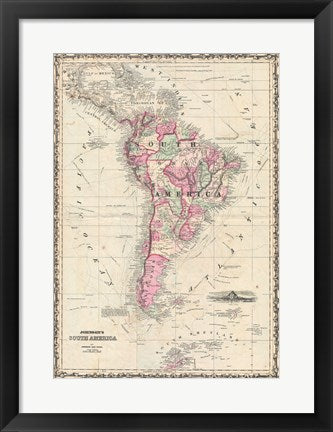 Framed Art 1862 Johnson Map of South America Wall Decor 18x24 Artwork