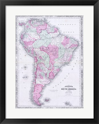 Framed Art 1863 Johnson's Map of South America Wall Decor 18x24 Artwork