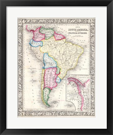 Framed Art 1864 Mitchell Map of South America Wall Decor 18x24 Artwork