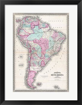 Framed Art 1870 Johnson Map of South America Wall Decor 18x24 Artwork