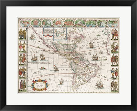 Framed Art Frame Art Americae Nova Tabula - Map of North and South America Wall Decor 18x24 Artwork