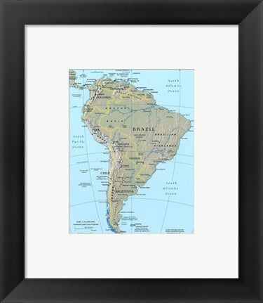 Framed Art Map of South America Wall Decor 18x24 Artwork