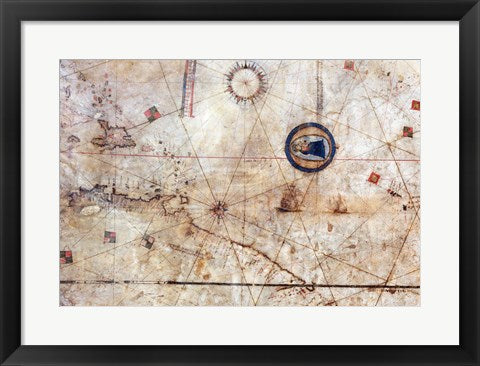 Framed Art Vesconte Maggiolo. World chart, from eastern coasts of America to India Wall Decor 18x24 Artwork