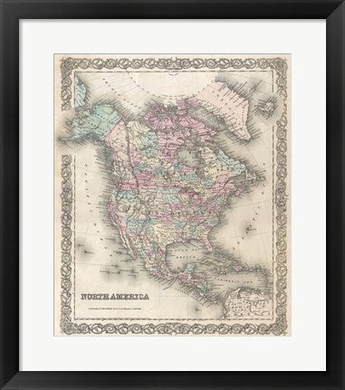 Framed Art 1855 Colton Map of North America Wall Decor 18x24 Artwork