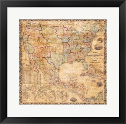 Framed Art Frame Art 1856 Mitchell Wall Map of the United States and North America Wall Decor 18x24 Artwork
