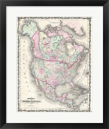 Framed Art 1862 Johnson Map of North America Wall Decor 18x24 Artwork