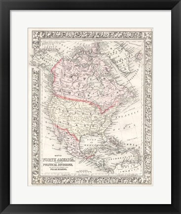 Framed Art 1864 Mitchell Map of North America Wall Decor 18x24 Artwork