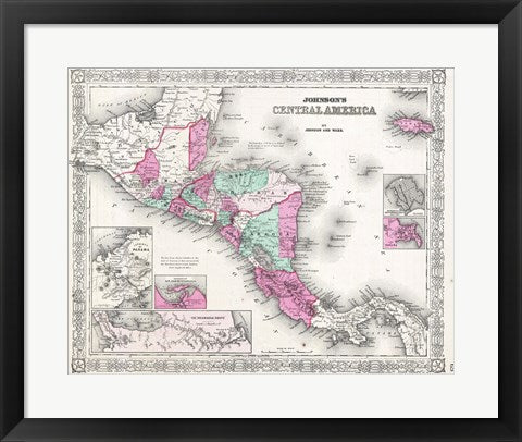 Framed Art 1866 Johnson Map of Central America Wall Decor 18x24 Artwork