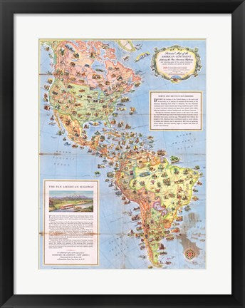 Framed Art Frame Art 1930 Pictorial Map of North America and South America Wall Decor 18x24 Artwork