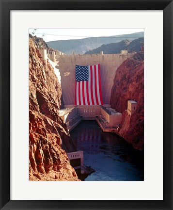 Framed Art Hoover Dam with large American flag Wall Decor 18x24 Artwork
