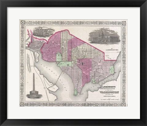 Framed Art Frame Art 1864 Johnson Map of Washington D.C. and Georgetown Wall Decor 18x24 Artwork
