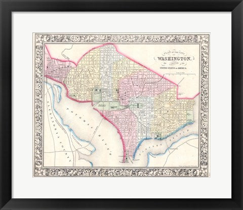 Framed Art 1864 Mitchell Map of Washington D.C. Wall Decor 18x24 Artwork