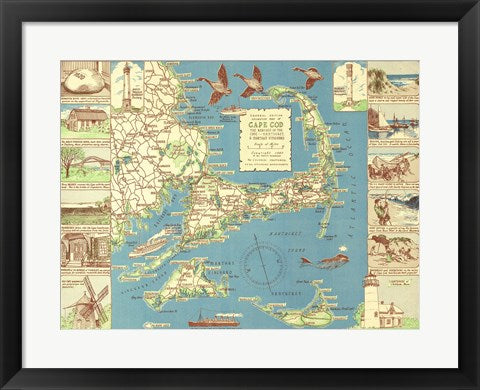 Framed Art Frame Art 1940 Colonial Craftsman Decorative Map of Cape Cod, Massachusetts Wall Decor 18x24 Artwork