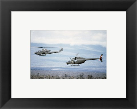 Framed Art Frame Art A left side view of an AH-1 Cobra helicopter, front, and an OH-58 Kiowa helicopter Wall Decor 18x24 Artwork