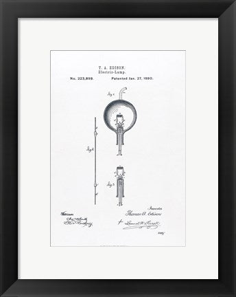 Framed Art Thomas Edison light bulb original patent drawing Wall Decor 18x24 Artwork