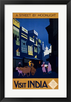 Framed Art Visit India, a street by moonlight, travel poster 1920 Wall Decor 18x24 Artwork