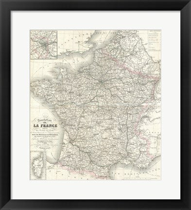Framed Art 1852 Levasseur Map of France Wall Decor 18x24 Artwork