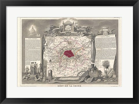 Framed Art Frame Art 1852 Levasseur Map of the Department de la Seine Wall Decor 18x24 Artwork