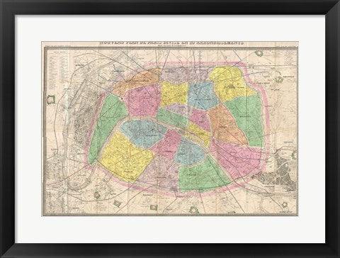 Framed Art Frame Art 1867 colored Logerot Map of Paris, France Wall Decor 18x24 Artwork