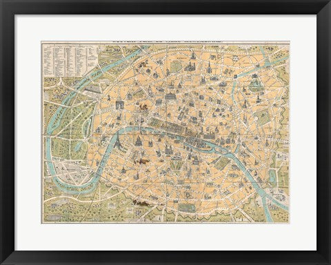 Framed Art Frame Art 1890 Guilmin Map of Paris, France with Monuments Wall Decor 18x24 Artwork