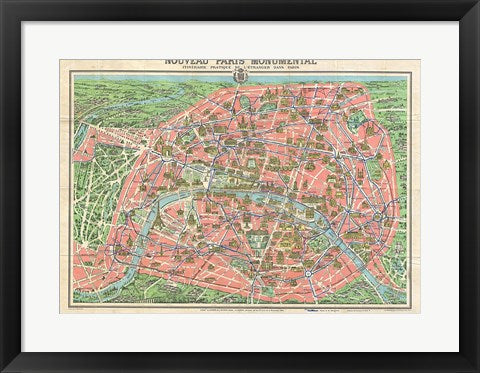 Framed Art Map of Paris circa 1931 including monuments Wall Decor 18x24 Artwork