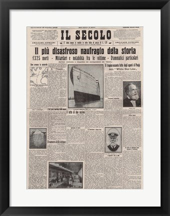Framed Art Italian Front Page about the Titanic Disaster Wall Decor 18x24 Artwork