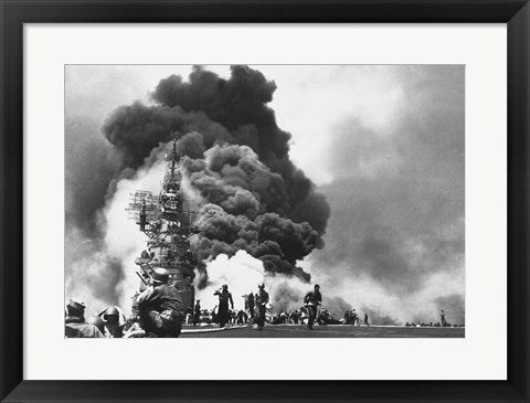 Framed Art USS Bunker Hill Hit by Two Kamikazes Wall Decor 18x24 Artwork