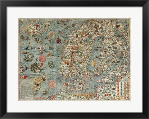 Framed Art Carta Marina, Map of Scandinavia Wall Decor 18x24 Artwork