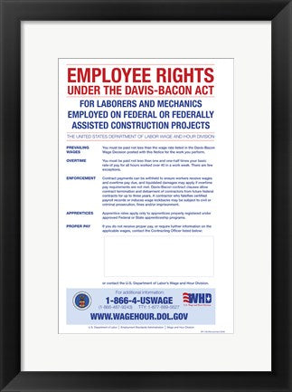 Framed Art Frame Art Employee Rights Under the Davis-Bacon Act Wall Decor 18x24 Artwork
