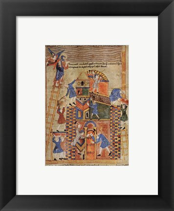 Framed Art Illustration to the Old English Illustrated Hexateuch showing the construction of the Tower of Babel. Wall Decor 18x24 Artwork