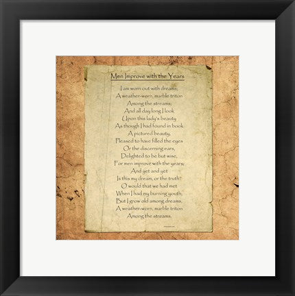 Framed Art Men Improve With the Years by William Butler Yeats Wall Decor 18x24 Artwork
