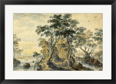 River Landscape with House on a Rocky Island by Isaac Major