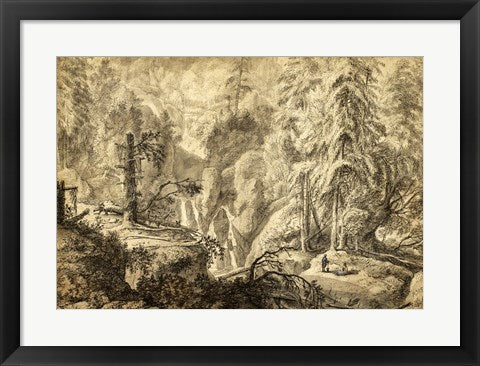 Framed Art Mountain Landscape, Peasants in a Clearing near a Waterfall by Anthonie Waterloo Wall Decor 18x24 Artwork