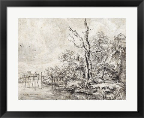 Framed Art Frame Art Dead Tree by a Stream at the Foot of a Hill by Jacob Van Ruisdael Wall Decor 18x24 Artwork