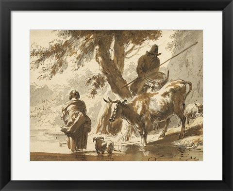 Framed Art Frame Art Cows Crossing a Ford with a Couple and a Dog by Nicolaes Berchem Wall Decor 18x24 Artwork
