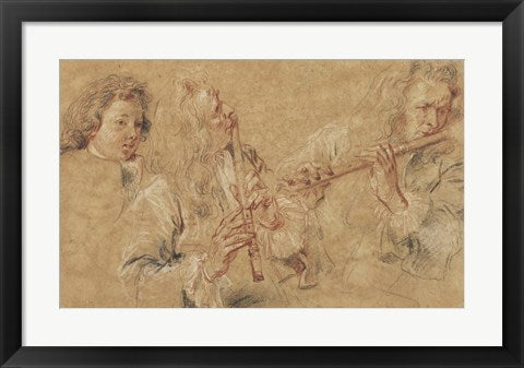 Framed Art Two Studies of Flutist and Head of a Boy by Jean-Antoine Watteau Wall Decor 18x24 Artwork