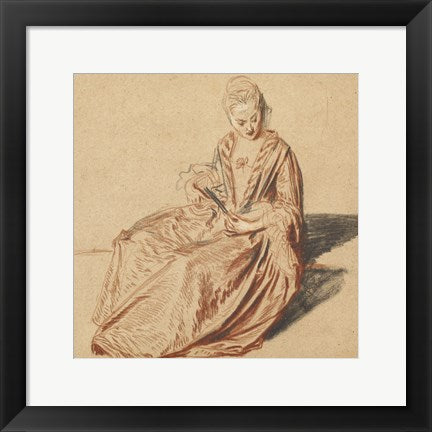 Framed Art Seated Woman with a Fan by Jean-Antoine Watteau Wall Decor 18x24 Artwork