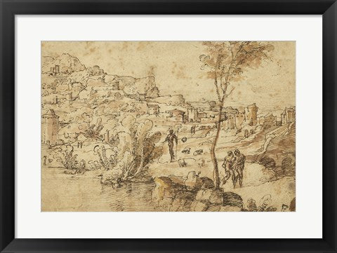 Framed Art Landscape with Shepherds by a River and a Town Beyond by Jan van Scorel Wall Decor 18x24 Artwork
