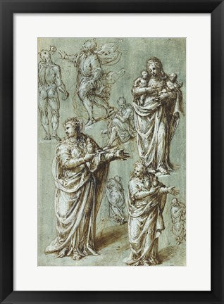 Framed Art Sheet of Studies of Various Figures by Aurelio Luini Wall Decor 18x24 Artwork