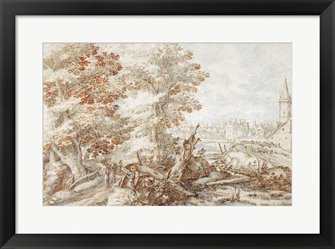 Framed Art Frame Art A Wooded Landscape with Travelers by a Stream, a Town Beyond by Pieter Stevens Wall Decor 18x24 Artwork