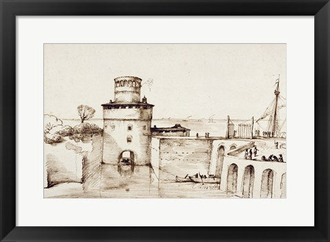 Framed Art Landscape with a View of a Fortified Port by Guercino (Giovanni Francesco Barbieri) Wall Decor 18x24 Artwork