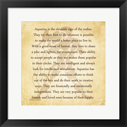 Framed Art Frame Art Aquarius Character Traits by Veruca Salt Wall Decor 18x24 Artwork