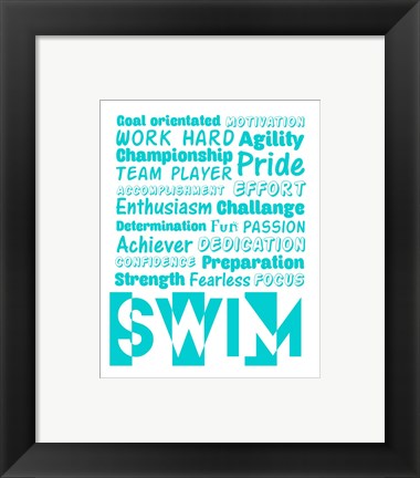 Framed Art Swimming Word Cloud - Teal by Sports Mania Wall Decor 18x24 Artwork