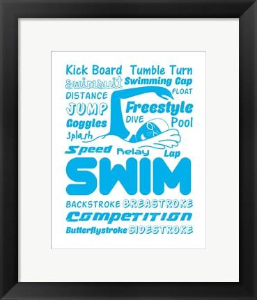 Framed Art Swimming Word Cloud - Blue by Sports Mania Wall Decor 18x24 Artwork